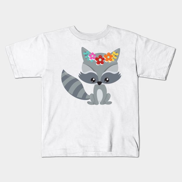 Spring Animals, Cute Raccoon, Colorful Flowers Kids T-Shirt by Jelena Dunčević